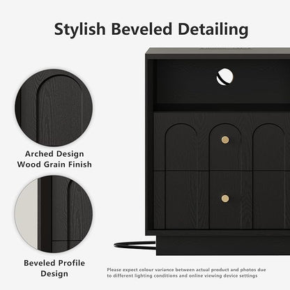 FORTUNETEC Nightstand with Charging Station, Modern Nightstand with Arched Design, Minimalist End Table with Wood Grain Texture, Bedside Table for Bedroom Living Room Sofa Office, Black