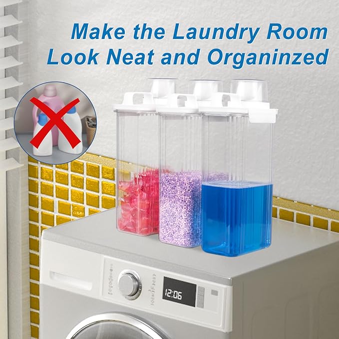 95oz Laundry Detergent Container, 2 Pack Plastic Liquid Detergent Dispenser for Laundry Room Powder,Soap,Fabric Softener, Scent Beads Storage and Organization,with 5 Labels.(3, 95oz)