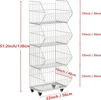Standing Metal Shelving Unit, Removable Wire Storage Basket with Wheels, Folding Shoe Racks, Clothing Sweaters Shoes Handbags Organizer for Kitchen Garage Pantry Porch (4-Tier with Base)