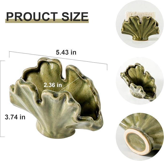 Uiddo Ceramic Sponge Holder,Sponge Holder for Kitchen Sink,Compact Sink Caddy Organizer-Scouring Pad and Dish Holder,Farmhouse Kitchen Decor Cute Gadgets Accessories(Green)