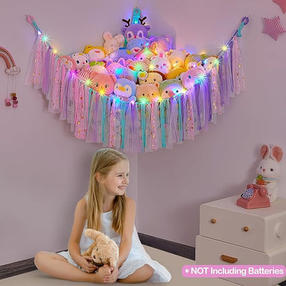 FIOBEE Stuffed Animals Net or Hammock with LED Light, Toy Hammock Hanging Stuffed Animals Storage Organizer Holder Room Décor for Nursery Kids Bedroom