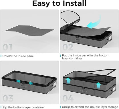【4 compartments】2 Pack Under Bed Storage, Double Layer Extensible Underbed Storage Containers,Dust-free Clothes Storage Bins with Sturdy Sidewalls/Bottom,PVC Clear Window for Shoes Storage Organizer