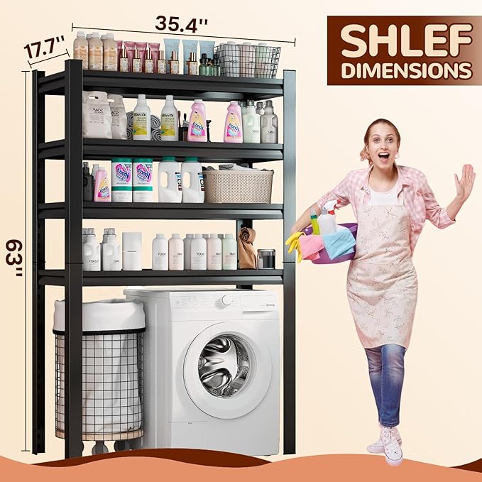 Over Washer and Dryer Shelves, 4 Tiers Adjustable Height Laundry Room Storage and Organizer Standing Shelf, Metal Freestanding Space Saving Organizers Shelf (4-Tier 63" H*35.4" W*17.7" D)