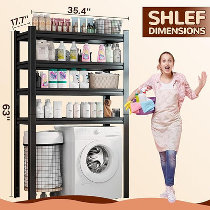 Over Washer and Dryer Shelves, 4 Tiers Adjustable Height Laundry Room Storage and Organizer Standing Shelf, Metal Freestanding Space Saving Organizers Shelf (4-Tier 63" H*35.4" W*17.7" D)