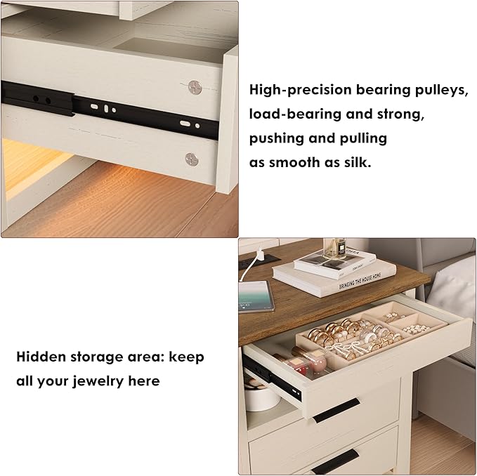 Rresyet 3 Drawer Nightstand with Charging Station & LED Lights & Open Shelf, Modern Night Stand with Storage, Wooden Bedside Table for Bedroom Room, Office (White)
