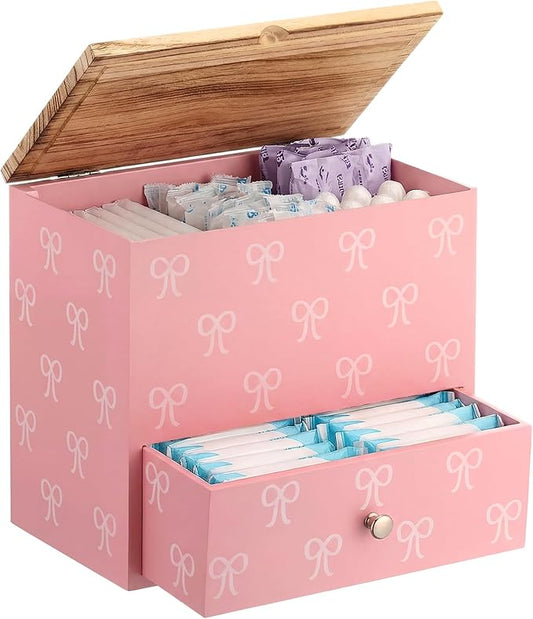 Pink Bow Tampon Holder for Bathroom Wood Feminine Product Organizer with Drawer and Lid Pad and Tampon Organizer Bathroom Accessories Storage Box for Pink Bow Washroom Period Box