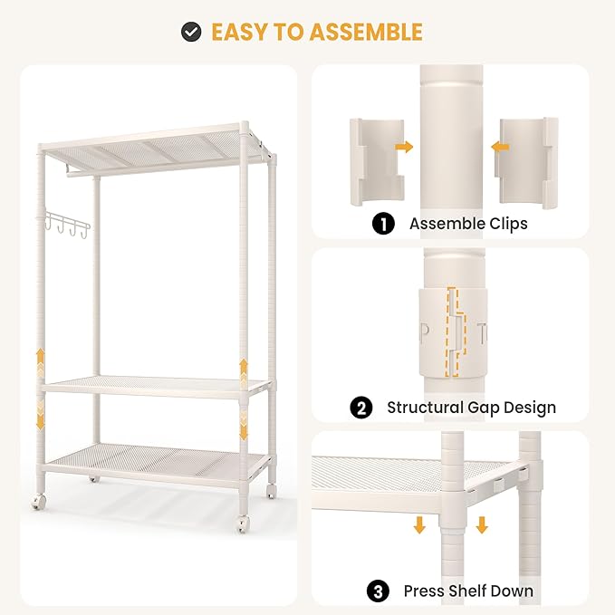 Clothes Rack with Wheels Heavy-Duty, 3-Tier Rolling Garment Rack with Adjustable Shelves & Side Hooks, Freestanding Wardrobe Metal Clothing Rack for Bedroom Cloakroom, 70.2"H x 45.4"W x 17.8"D
