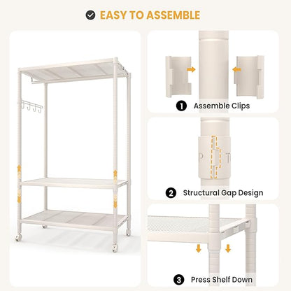 Clothes Rack with Wheels Heavy-Duty, 3-Tier Rolling Garment Rack with Adjustable Shelves & Side Hooks, Freestanding Wardrobe Metal Clothing Rack for Bedroom Cloakroom, 70.2"H x 45.4"W x 17.8"D
