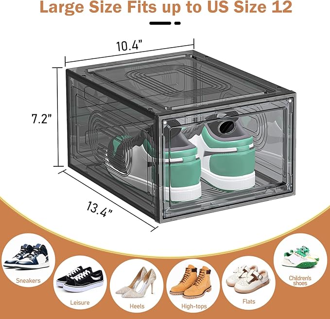 caktraie 6 Pack Thicken Shoe Organizer Stackable,Upgraded Sturdy Shoe Storage Box with Magnetic Door,Shoe Containers For Sneaker Display,Hat Organizer,Black