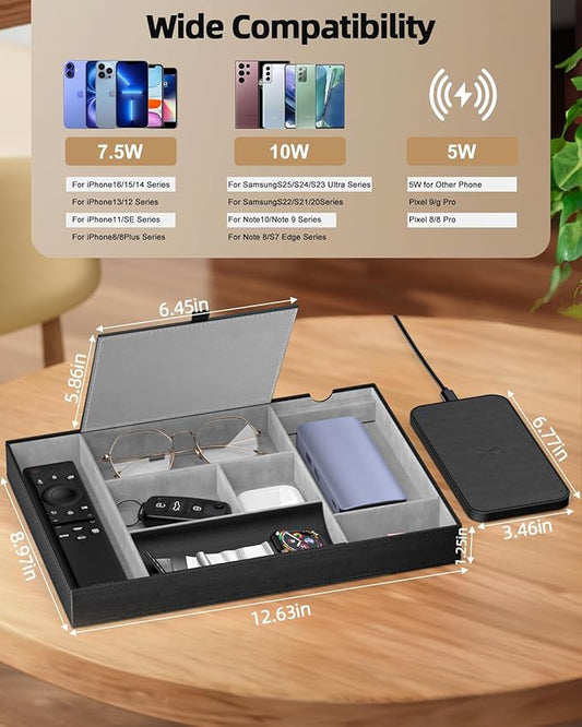 Valet Tray, Nightstand Organizer with Wireless Charger Pad for iPhone 17/16/15/14/13/12/11 Series, Valet Charging Station, Faux Leather Valet Tray for Men and Women