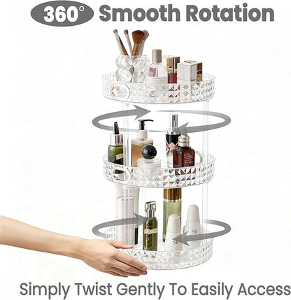 HsaExtriva 360 Rotating Makeup Organizer for Vanity, 3 Tier Diamond Patterned Perfume Organizer for Women, Large Capacity Skincare Lotion Cosmetic Storage Dresser Bathroom Countertop Lazy Susan, Clear