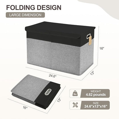 Large Toy Storage Box with Lid, Collapsible Toys Storage Organizer Bins with Dividers and Handles, Storage Chest Bin for Kids, Boys, Girls, Nursery 25"x13" x16" (Balck & Gray)