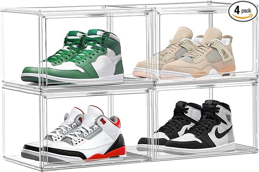 EZJOB 4 Pack Clear Shoe Storage Boxes Stackable Shoes Organizer Acylic Boots Sneaker Display Case with Magnetic Lid,Size14