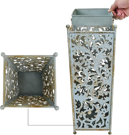 Vintage Blue Umbrella Holder for Entryway,Distressed Blue Iron Umbrella Stand with Hollow Out Vine Pattern,Removable Drip Tray,20.08"H×8.07"W×6.89"D Umbrella Organizer for Doorway Patio.