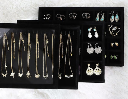 Wudygirl Jewelry Organizer Set of 4 Jewelry Tray with Lid Velvet Jewelry Box Jewelry Storage for Earring Necklace Ring Display Bracelet Holder Stackable (Black)