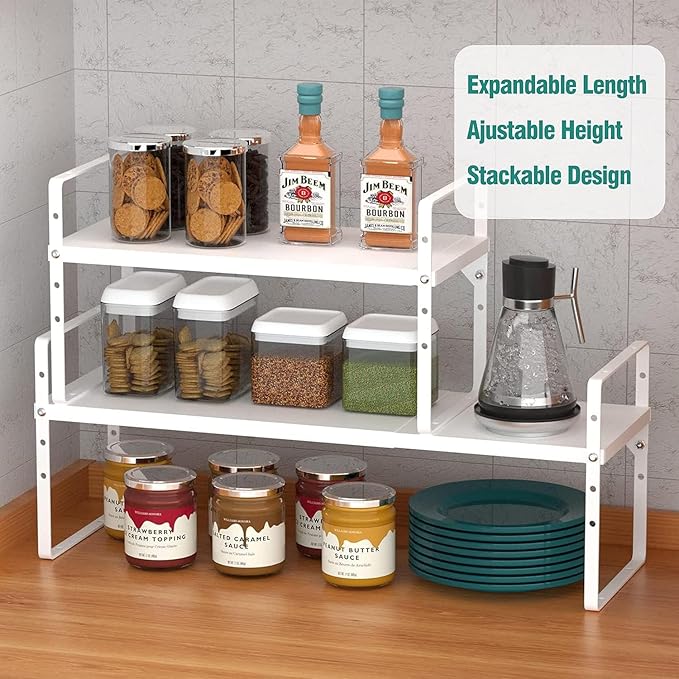 Expandable Cabinet Shelf Organizer Rack, Stackable Kitchen Counter Storage Shelves Stand, Adjustable Height Pantry Shelf Spice Rack, Heavy Duty Nonslip White Small 3Pack