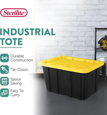 Sterilite 8-Pack 27 Gallon Industrial Storage Tote, Heavy-Duty Plastic Bins, Black/Yellow - Stackable Utility Organizers with Lids for Garage, Camping Tools, and Outdoor Gear