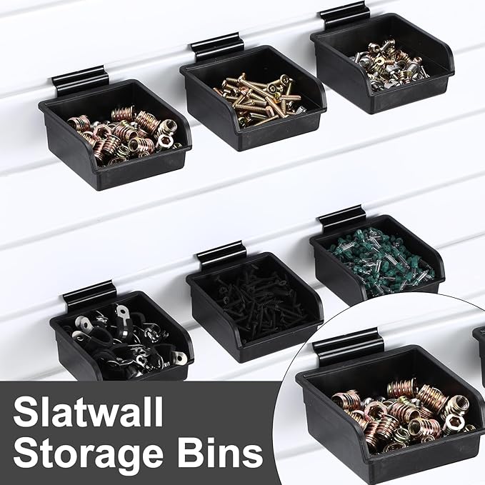 6 Pcs Slatwall Bins with Hooks Set, 4.1 x 4.1 x 1.89 Inch Slatwall Containers Wall Mounted Storage Bins for Organizing Accessories Tools Storage Office Workshop Garage Workbench (Black)