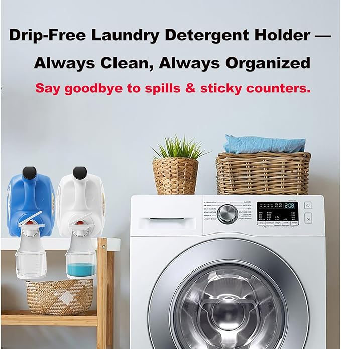2-Pack Laundry Detergent Dispenser Cup Holders with Easy-Press Spout Switch, Drip Catcher Tray, No-Mess Soap Dispenser Organizer for Laundry Room Storage & Cleaning Supplies