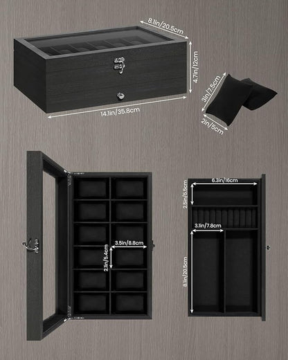 Uten 12-Slot Watch Box, 2-Layers Solid Wood Watch Display Case with Glass Lid, Watch Holder Organizer with Soft Pillow and Velvet Lining, Watch and Jewelry Storage Box, Black