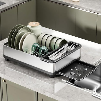 Ewaiira Dish Drying Rack, 304 Stainless Steel Dish Racks for Kitchen Counter, Dish Drainers with Automatic Drainage, Utensil Holder & Cups Holder, Space Saving Kitchen Organizer (1-Tier Silver)