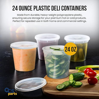 OCS Parts 48-Pack Round Plastic Deli Containers with Lids | Stackable, Microwavable, Freezer and Dishwasher Safe BPA Free Food Prep and Storage Containers (24 Ounce)