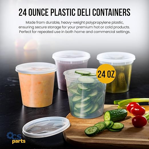 OCS Parts Round Plastic Deli Containers with Lids | Stackable, Microwavable, Freezer and Dishwasher Safe BPA Free Food Prep and Storage Containers (240, Clear, 24 Ounce)