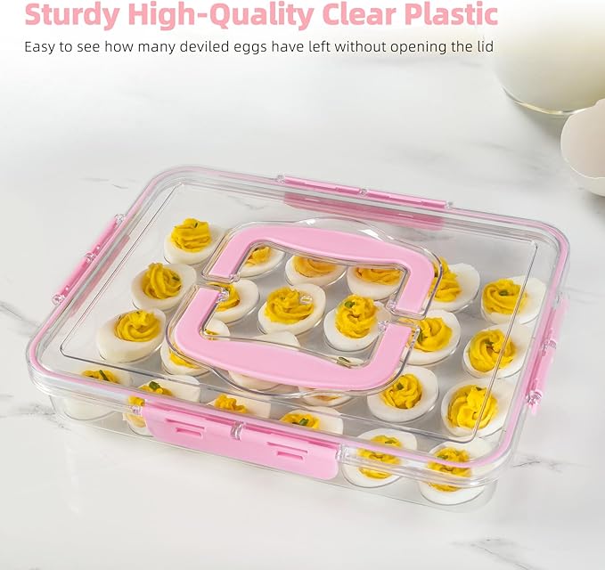 2 Pack Deviled Egg Containers with Lid and Handle, Durable Clear Plastic Deviled Egg Carrier Storage 48 Eggs, Stackable Egg Holder for Fridge, Portable Tray Platter for Party & Picnics-Pink