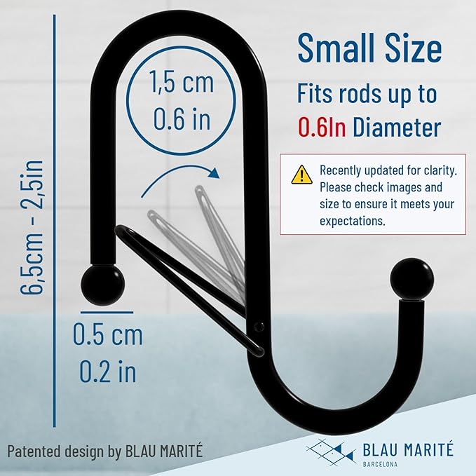 Blau Marité 10-Pack Metal S Hooks for Hanging – Heavy-Duty S-Shaped Hook with Safety Buckle – Fits Bars up to 0.6 in – Anti-Drop Hooks for Kitchen, Pot Racks & Towel Bars – Black (Small)