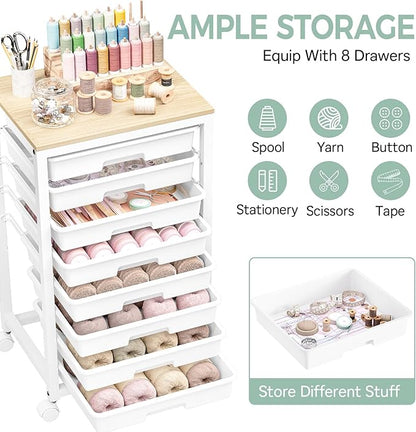Rolling Cart with Drawers,8 Drawer Rolling Cart,Rolling Drawer Cart,Rolling Storage Drawer Cart,White Rolling Cart,Utility Cart with Drawers and Wooden Tabletop