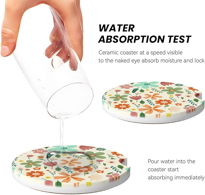 Flower Floral Car Cup Holder Coaster 2 Pack Absorbent Ceramic Car Coasters for Cup Holders Car Accessories Interior for Women Men Universal Anti Slip Cork Base Cup Coasters with Finger Notch