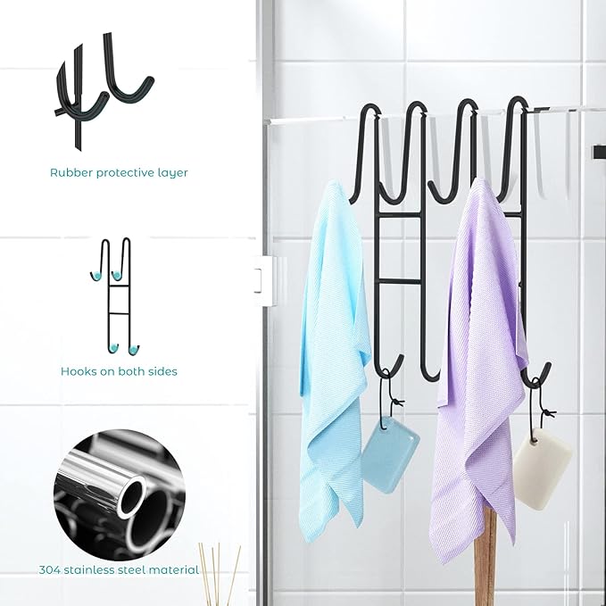 Cerbonny Shower Door Hooks (10 Inch), 2 Pack Extended Towel Hooks for Bathroom, Over Door Hooks, Shower Hooks for Frameless Glass Door, Black