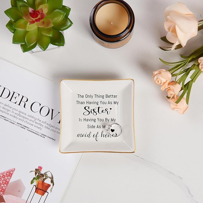 Piudee Bridesmaid Gifts Maid of Honor Proposal Gift Jewelry Dish Trinket Ring Tray - The Only Thing Better ... As My Maid of Honor, Wedding Day Party Gifts for Matron of Honor from Bride