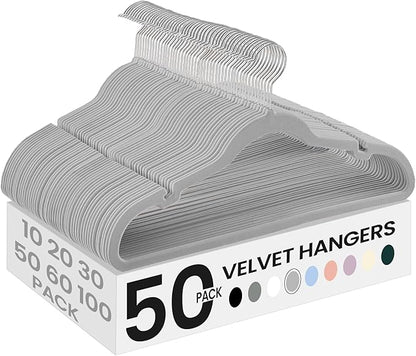 SONGMICS Velvet Hangers 50 Pack, Non-Slip Clothes Hangers, Suit Hangers with Shoulder Notches, Pants Bar, 360° Swivel Hook, Space-Saving, for Closet, Dove Gray UCRF029G50