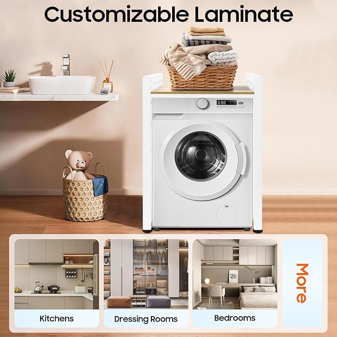 Over Washer and Dryer Shelves, Washer and Dryer Storage Shelf, Adjustable Laminate and Foot Pads Washing Machine Storage Rack for Kitchens Dressing Rooms (White, Light Walnut)