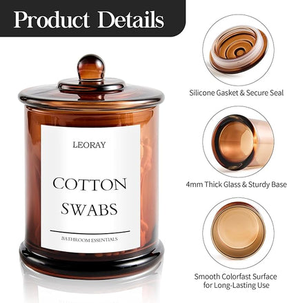 LEORAY 4 Pack Glass Qtip Holder Dispenser with Lids, Airtight Waterproof, 16 Oz Vanity Organizer Bathroom Canisters for Cotton Swabs, Balls, Pads, Floss Picks, Restroom Kitchen Storage Jars, Amber