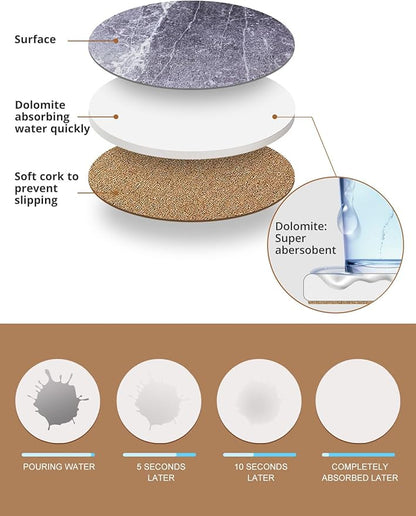 LIFVER Drinks Coasters Set of 4, Living Room Decor, Ceramic Absorbent Coasters with Cork Base, Protect Wooden Table or Furniture from Scratched, Drink Coasters with Holder - Grey