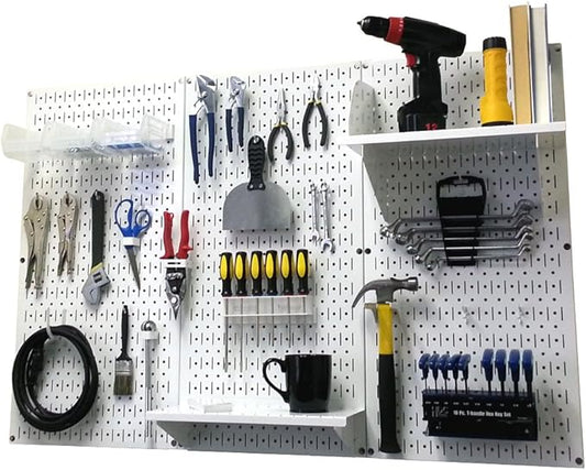 Wall Control Pegboard Organizer 4 ft. Metal Pegboard Standard Tool Storage Kit & Pegboard Paper Towel Holder and Dowel Rod Pegboard Shelf Assembly for Pegboard and Slotted Tool Board – White
