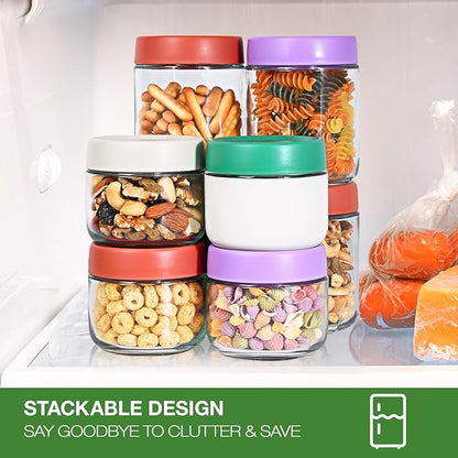 Hoa Kinh Glass Food Storage Jars with Lids, 10oz 4Pack Leak Proof Small Glass Jars for Overnight Oats, Cereal, Clear Empty Glass Jars with Lids for Kitchen(Red, Green, Purple and White)
