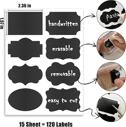 120 Pcs Chalkboard Labels for Storage Bins, Removable Chalk Sticker for Jars Containers Storage Bins, Assorted Shapes - Canning Labels, Bottle Labels, Food Labels Includes Erasable Liquid Chalk Marker