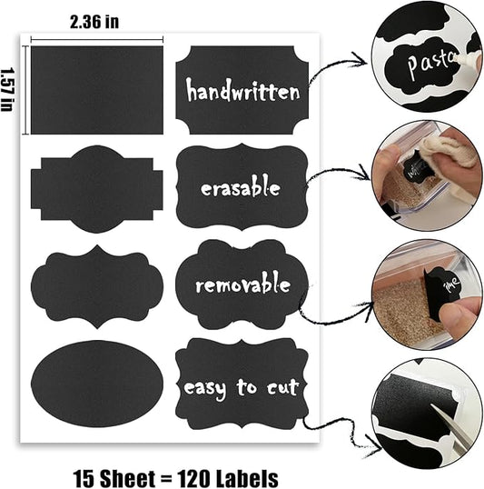 120 Pcs Chalkboard Labels for Storage Bins, Removable Chalk Sticker for Jars Containers Storage Bins, Assorted Shapes - Canning Labels, Bottle Labels, Food Labels Includes Erasable Liquid Chalk Marker