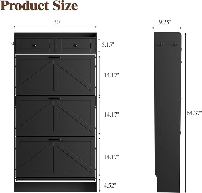 Shoe Cabinet with 3 Flip Drawers & 2 Storage Drawers, Rustic Farmhouse Narrow Shoe Organizer Cabinet, Slim Shoe Rack Cabinet, Shoe Storage Cabinet for Entryway, Hallway, Front Door