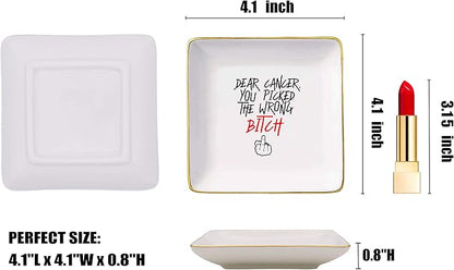 Breast Cancer Survivor Gifts for Women - Dear Cancer You Picked The Wrong Bitc - Ovarian,Chemotherapy,Fck Cancer Suck Gifts for Cancer Patient-Ceramic Jewelry Holder Ring Dish Trinket Box Tray