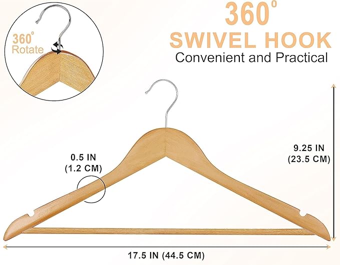 Utopia Home Premium Wooden Hangers 20 Pack - Heavy Duty & Durable Coat Hanger - Wood Hanger with 360-Degree Rotatable Hook - Clothes Hangers with Non-Slip Shoulder Notches For Shirts & Coats (Natural)