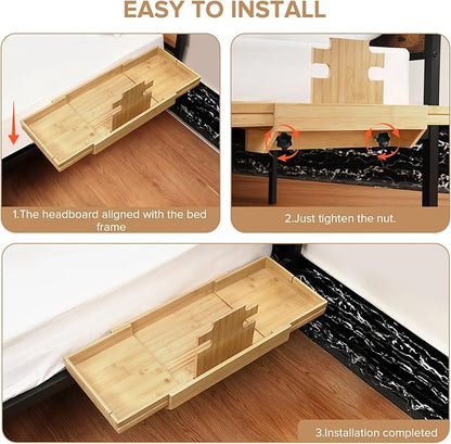 High Capacity Bedside Shelf, Bunk Bed Side Table, Loft Nightstand Organizer Tray, Loft Bed Shelf with Scalable Tray for Dorm Room, Clip On Nightstand with Cord Holder - Natural Bamboo