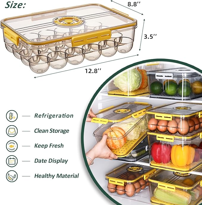 CottonColors Egg Holder for Fridge 24 Container for Refrigerator Plastic Organizer for Refrigerator Stackable Storage With Lids for Timer