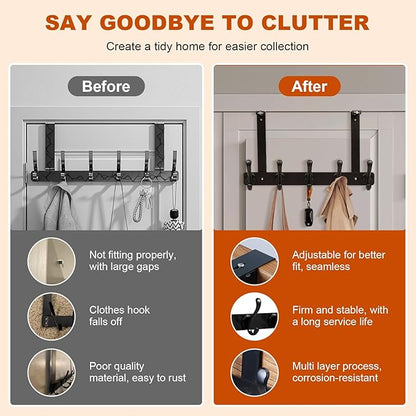 persevere Over The Door Hooks with Auto-Locking Design, Rustproof Multi-Functional Coat Rack, Bathroom Towel Holder, Space-Saving Door Hanging Organizer with 5 Hooks for Clothes and Towels (Black)