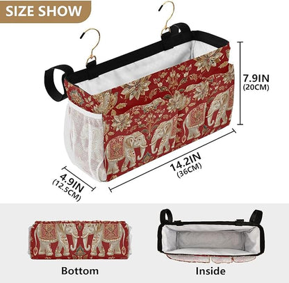 CuwrYet Bedside Caddy Hanging Bunk Bed Caddy Bed Organizer Hanging Pocket with 2 Hooks Bedside Storage Organizer Pocket Bag Holder Red Retro Elephant Flowers