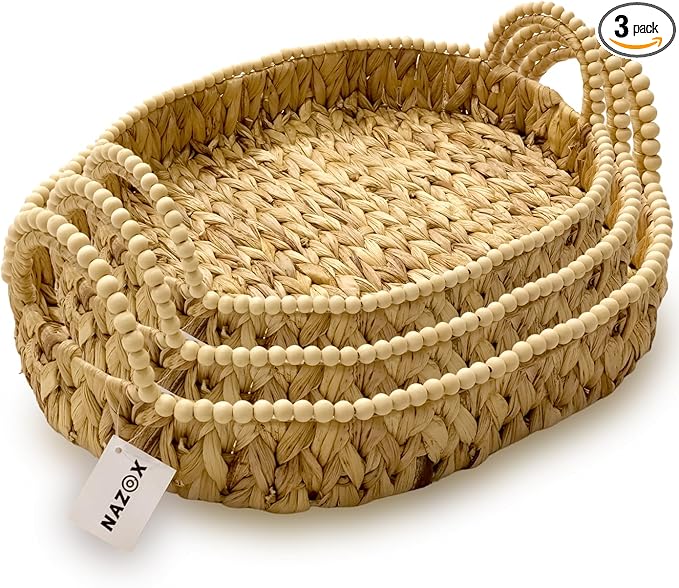 Handwoven Water Hyacinth Storage Baskets for Toilet, Living Room, Nursery Organization - Natural Oval Set of 3 Versatile Nesting Baskets with Scalloped Edge Design & Handles