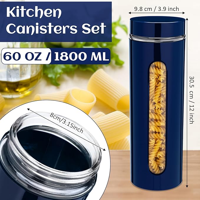 Mimorou 6 Pack Kitchen Canisters Set Airtight Coffee Sugar Tea Storage Jars with Window Glass Stainless Steel Containers with Lids for Flour Cookies Spices Grains Kitchen Decorations(Navy Blue,60 oz)